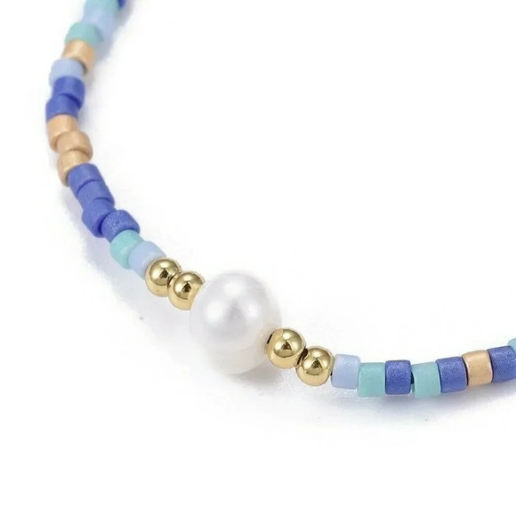 Handcrafted Real Freshwater Pearl Blue Multi Japanese Glass Beads Bracelet - Picture 1 of 3